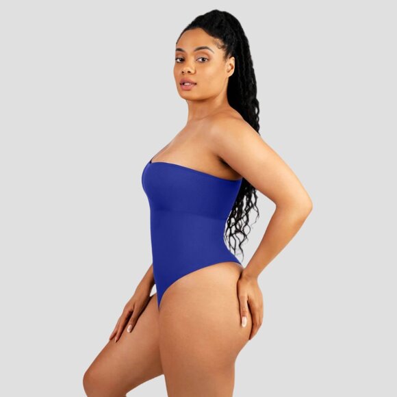 Off the Shoulder Tummy-Control Bodysuit, Blue - Picture 2 of 7